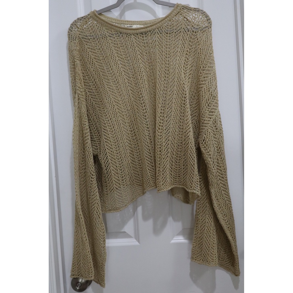 Pull&Bear Women Tan Beige Open Knit Crochet Sweater Bell Sleeve Boho Crop Top M
